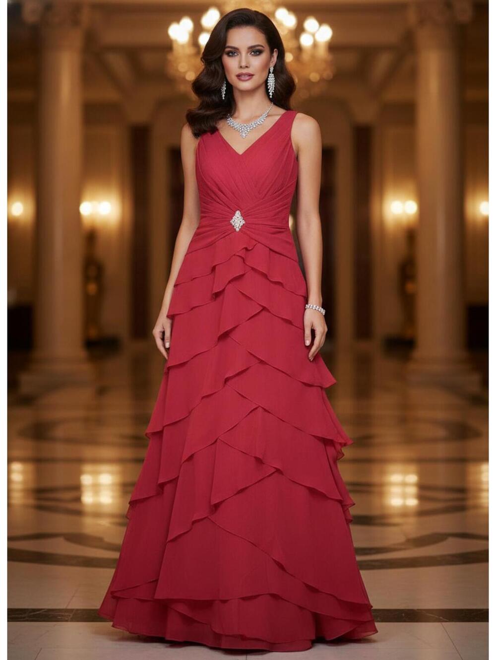 Jovani Red Formal Dress Size 10 Layered Ruffle Rhinestone Accent Fall Wedding